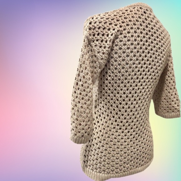 Beige Crochet V-Neck Sweater 3/4 Sleeves Beachwear Resort Layer Coastal Grandma - Picture 10 of 11